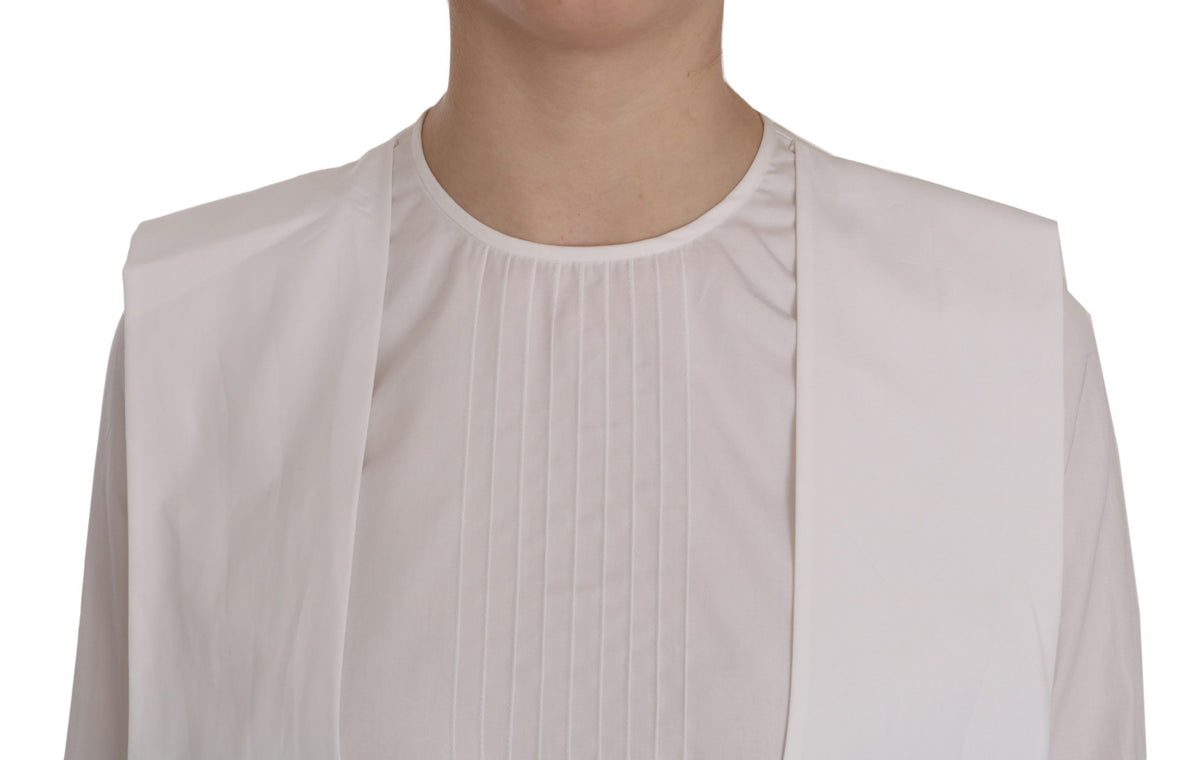 White Crew Neck Long Sleeve Cotton Blouse