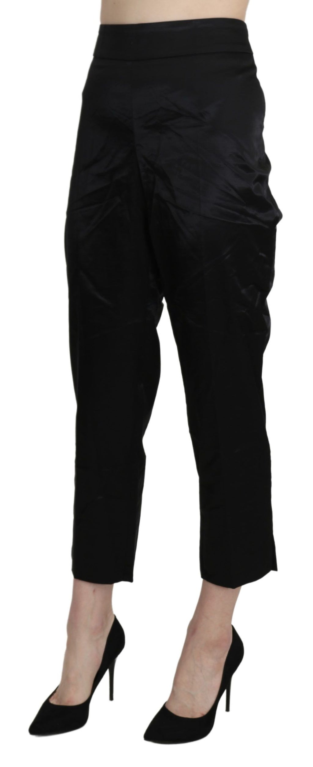 Black High Waist Straight Cropped Dress Trouser Pants