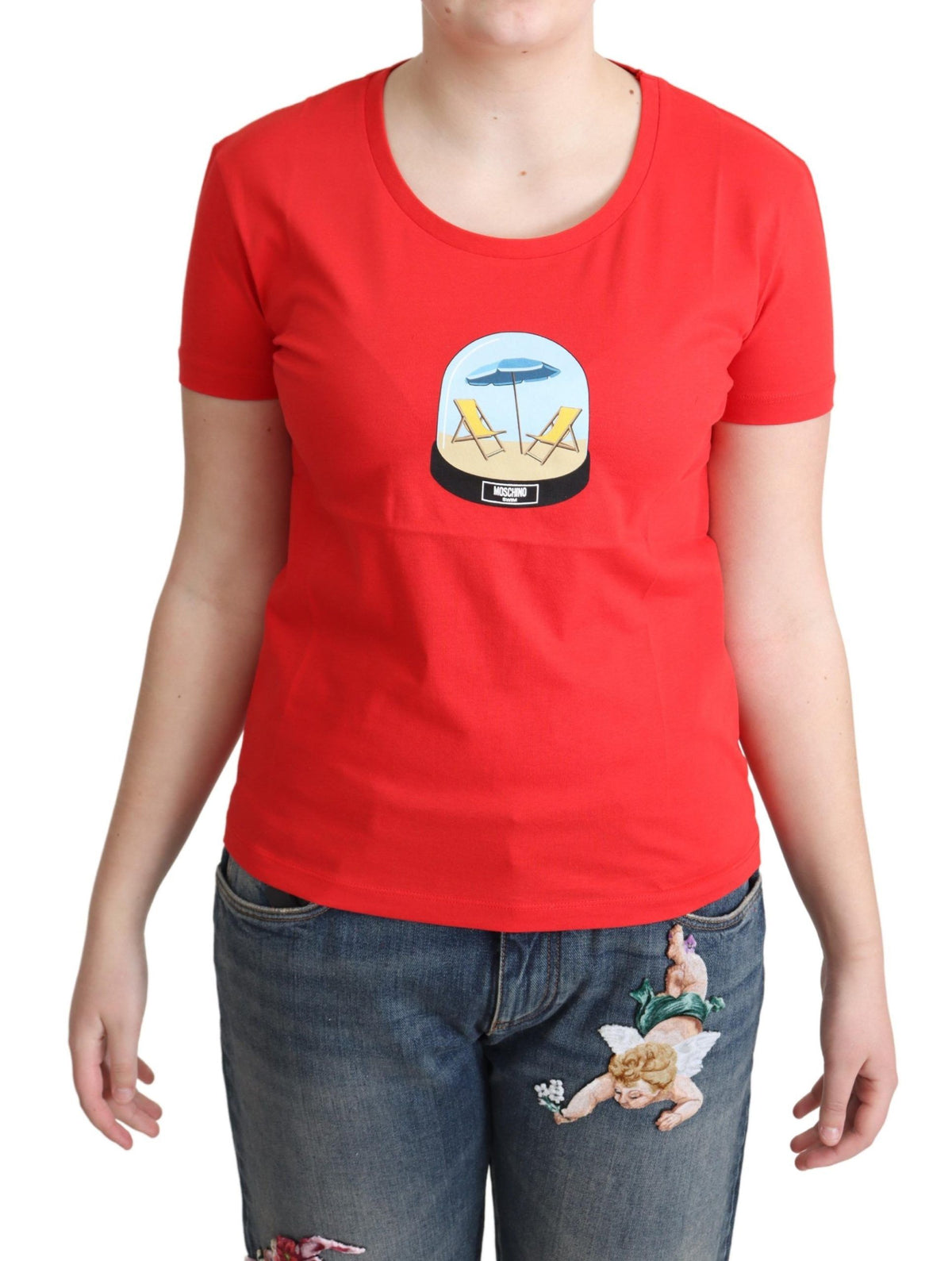 Red Printed Cotton Short Sleeves Tops Blouse T-shirt