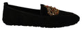 Black Leather Crystal Gold Crown Loafers Shoes