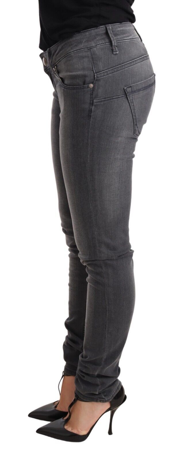 Gray Washed Cotton Slim Fit Low Waist Women Denim Trouser Jeans