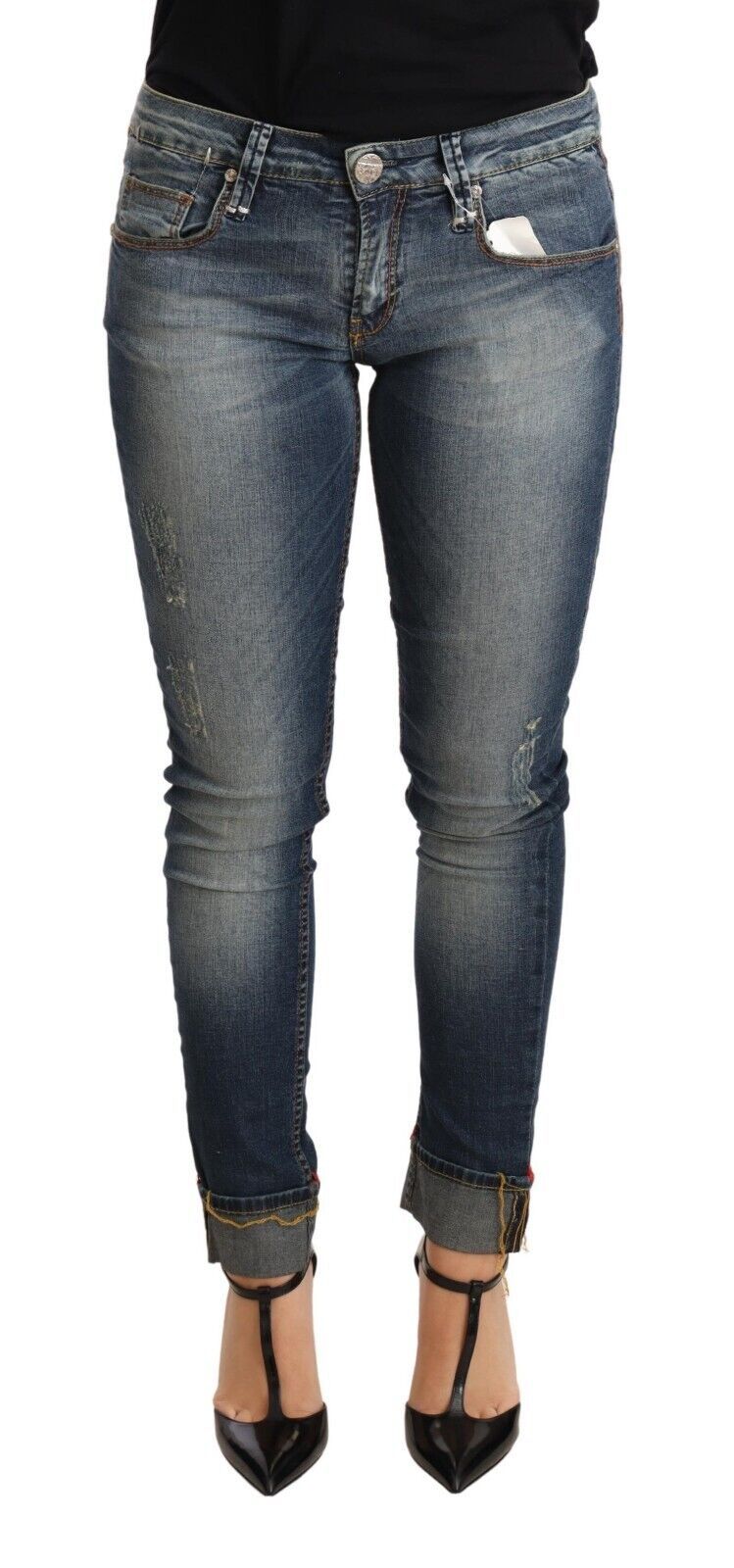 Blue Washed Cotton Low Waist Skinny Denim Women Trouser Jeans