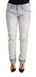 Light Blue Distressed Cotton Folded Hem Denim Trouser Jeans