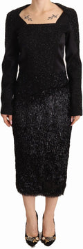 Black Studs Embellished Long Sleeves Sheath Midi Dress