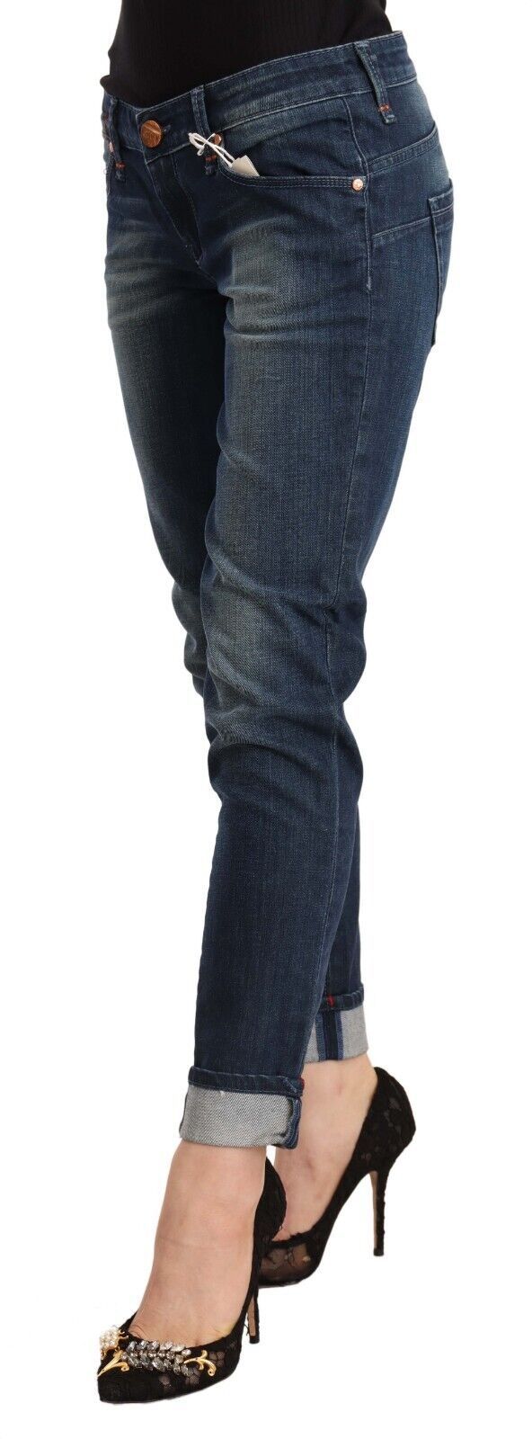 Blue Washed Low Waist Skinny Denim Folded Hem Jeans