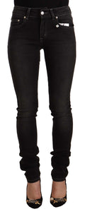 Black Washed Mid Waist Cotton Skinny Slim Fit Jeans