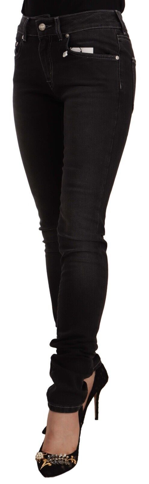 Black Washed Mid Waist Cotton Skinny Slim Fit Jeans