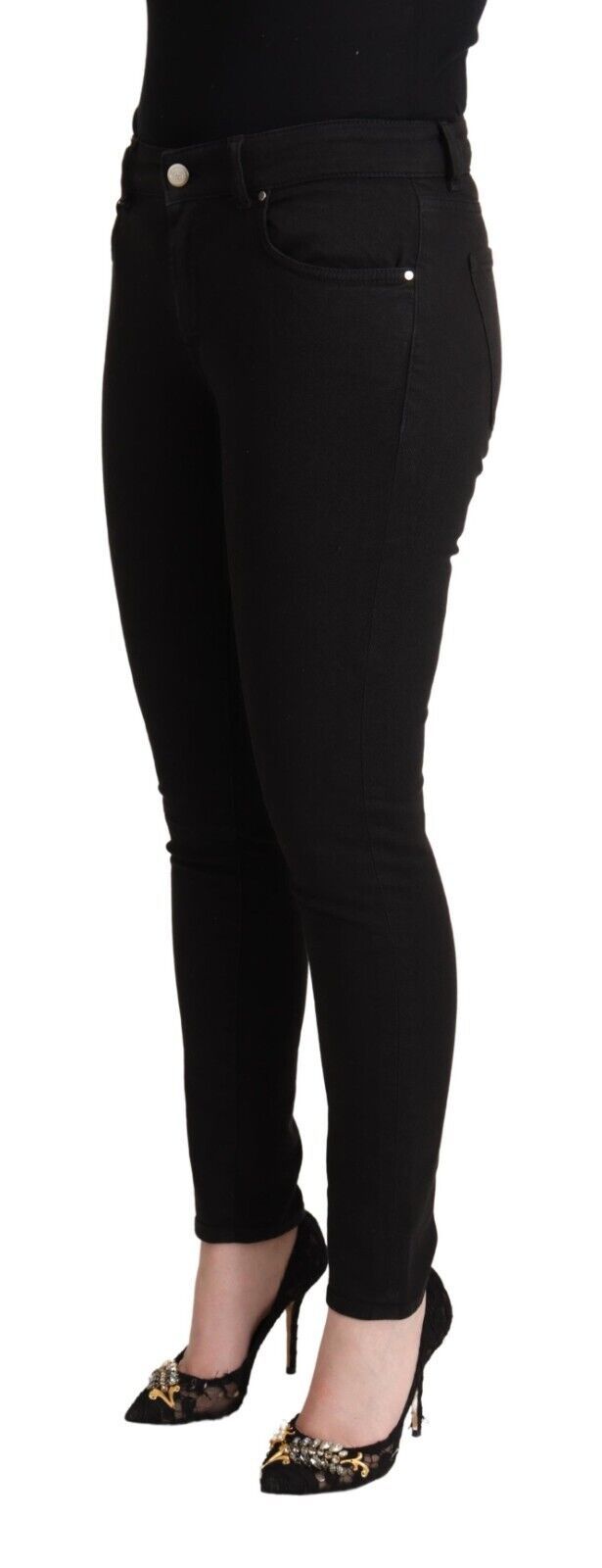 Black Cotton Mid Waist Denim Slim Fit Jeans