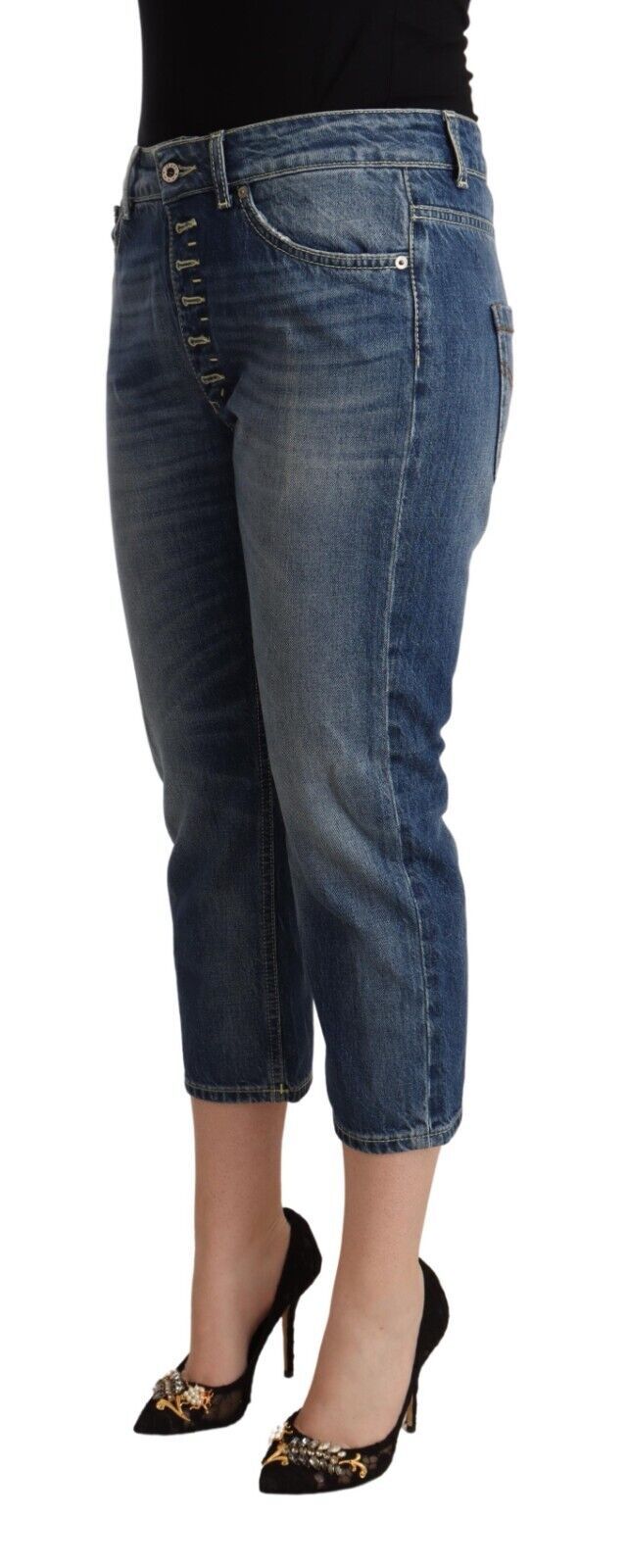 Blue Washed Mid Waist Capri Denim Jeans