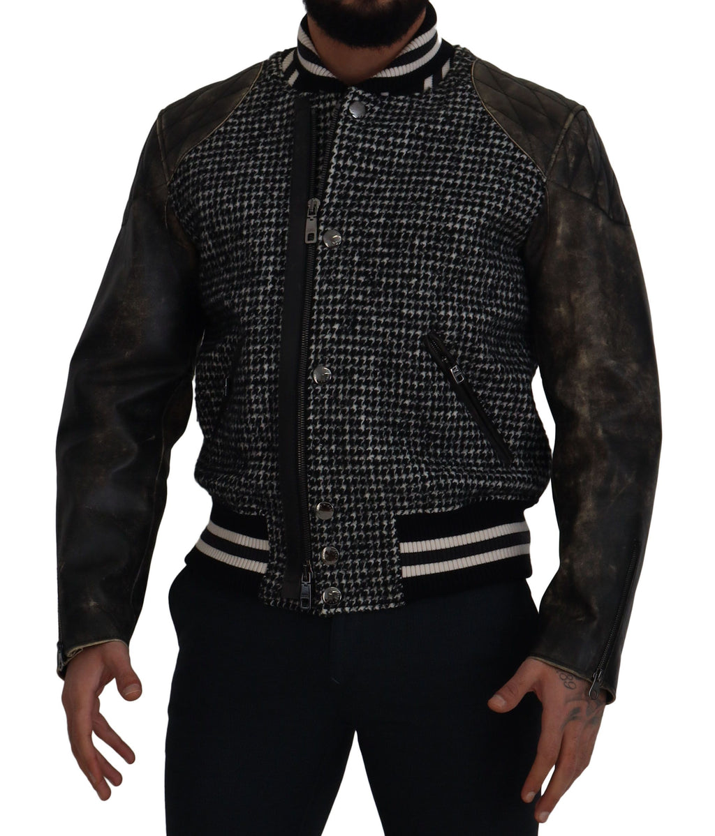 Dark Gray Houndstooth Polyester Bomber Jacket