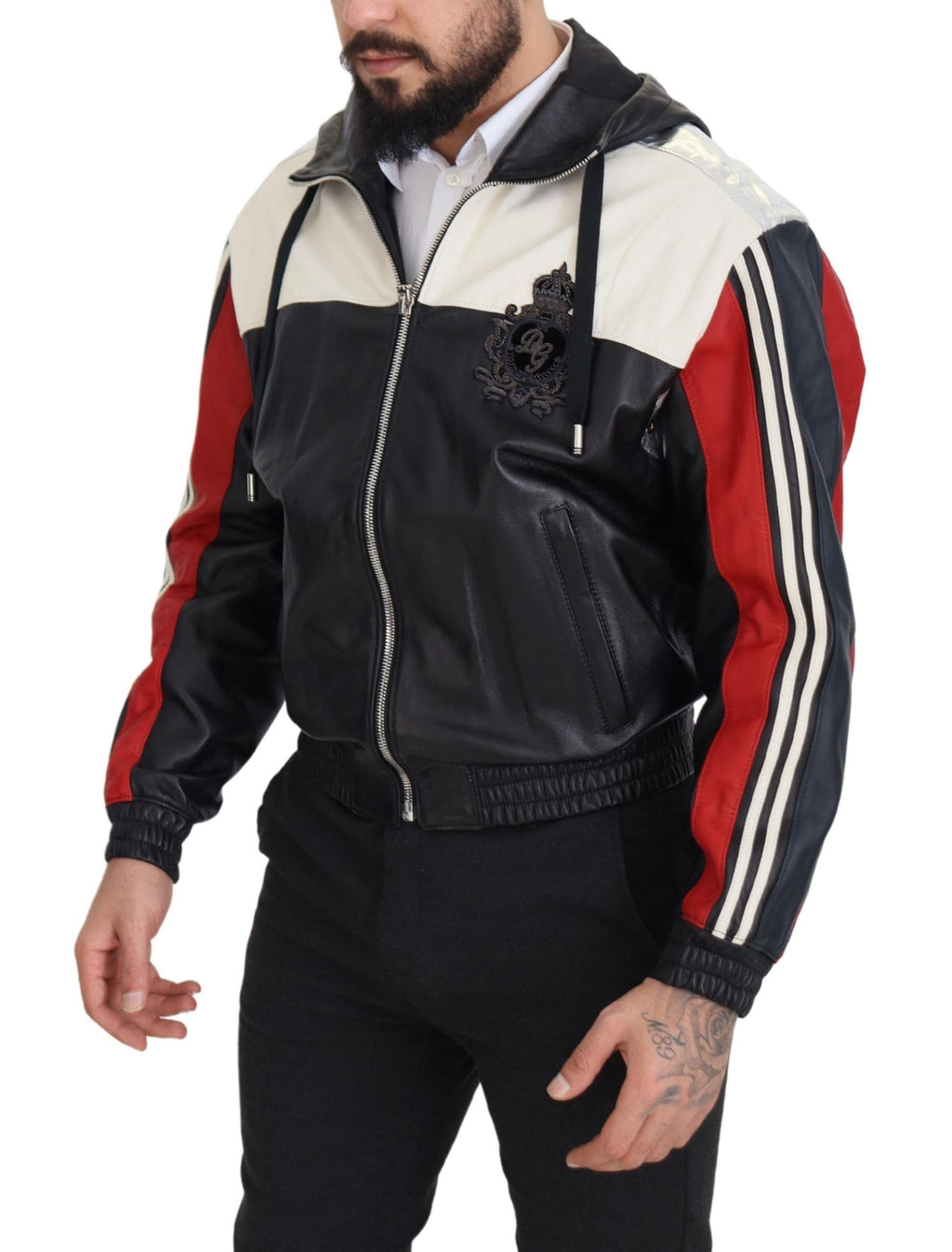 Black Leather Hooded Blouson Coat Jacket