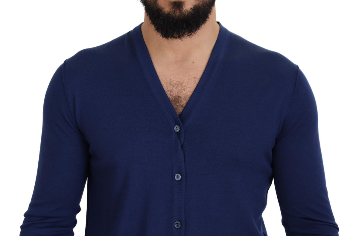 Blue Wool V-neck Button Down Cardigan Sweater