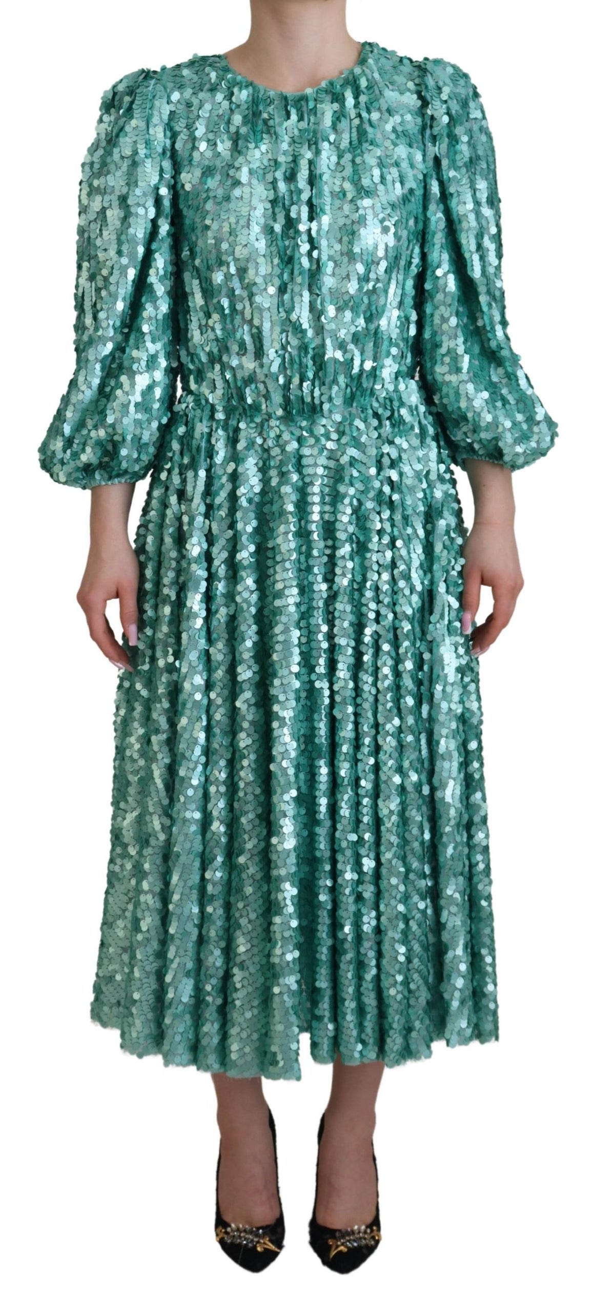 Blue Sequined Pleated Aline Midi Nylon Dress