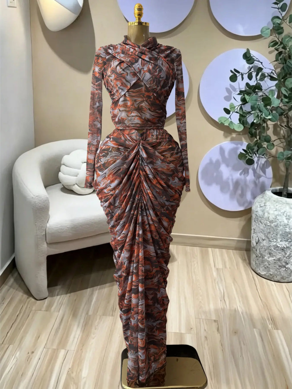 PULKRITU Elegant Women'S Tie Dye Printed Two Piece Set Outfits, Wrap Long Sleeve Crop Top + Ruched Maxi Skirt , Casual Beach Resort Birthday, Vacation Street Lady Two-Piece Set,Female Fashion 2 Piece Co-Ord Set, Casual Chic Set