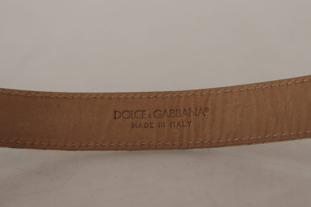 Blue Leather Jacquard Embossed Gold Metal Buckle Belt