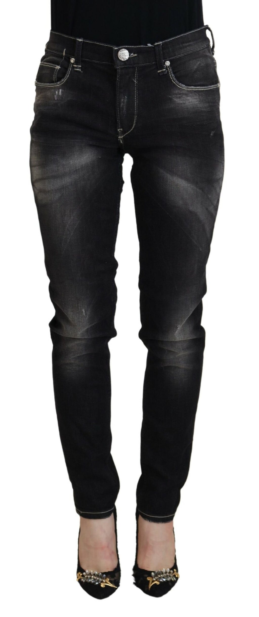Black Washed Mid Waist Tapered Women Casual Denim Jeans