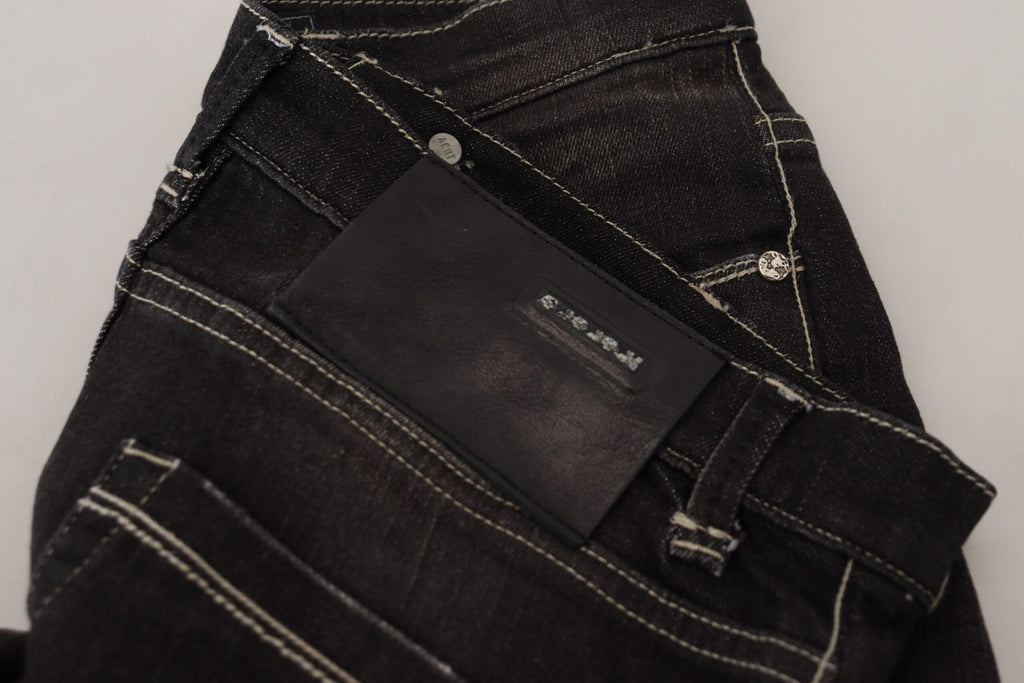 Black Washed Mid Waist Tapered Women Casual Denim Jeans