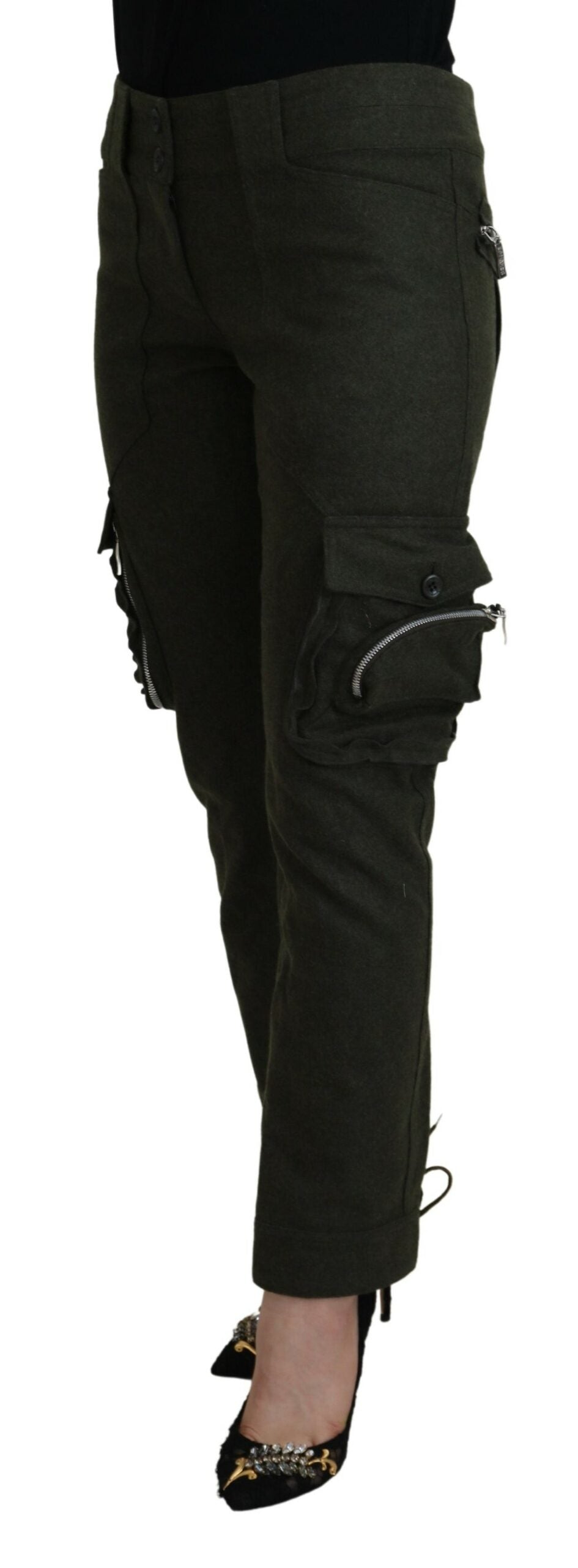 Green Lace Up Leg Women Tapered Pants