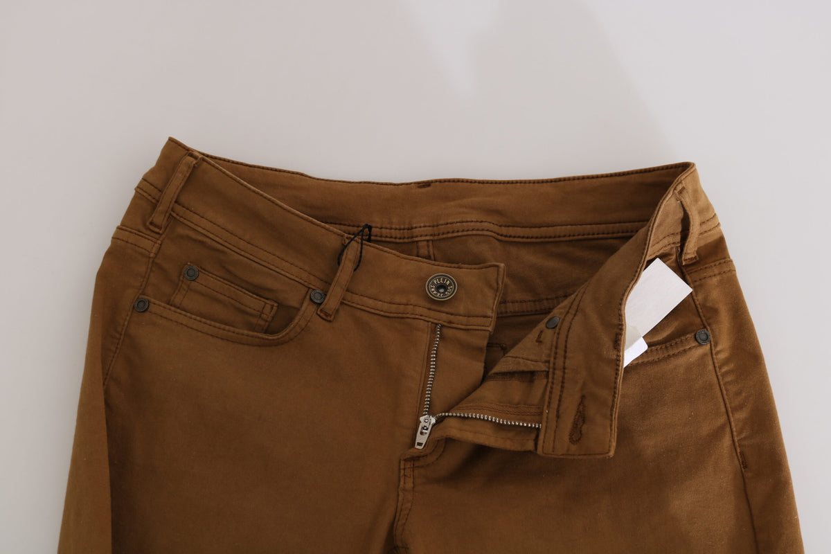 Brown Cotton Mid Waist Skinny Slim Fit Denim Jeans