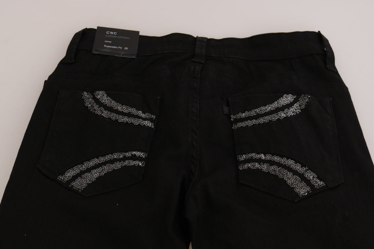 Black Sequined Mid Waist Slim Fit Denim Jeans