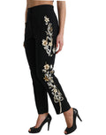 Black Floral Applique High Waist Tapered Pants