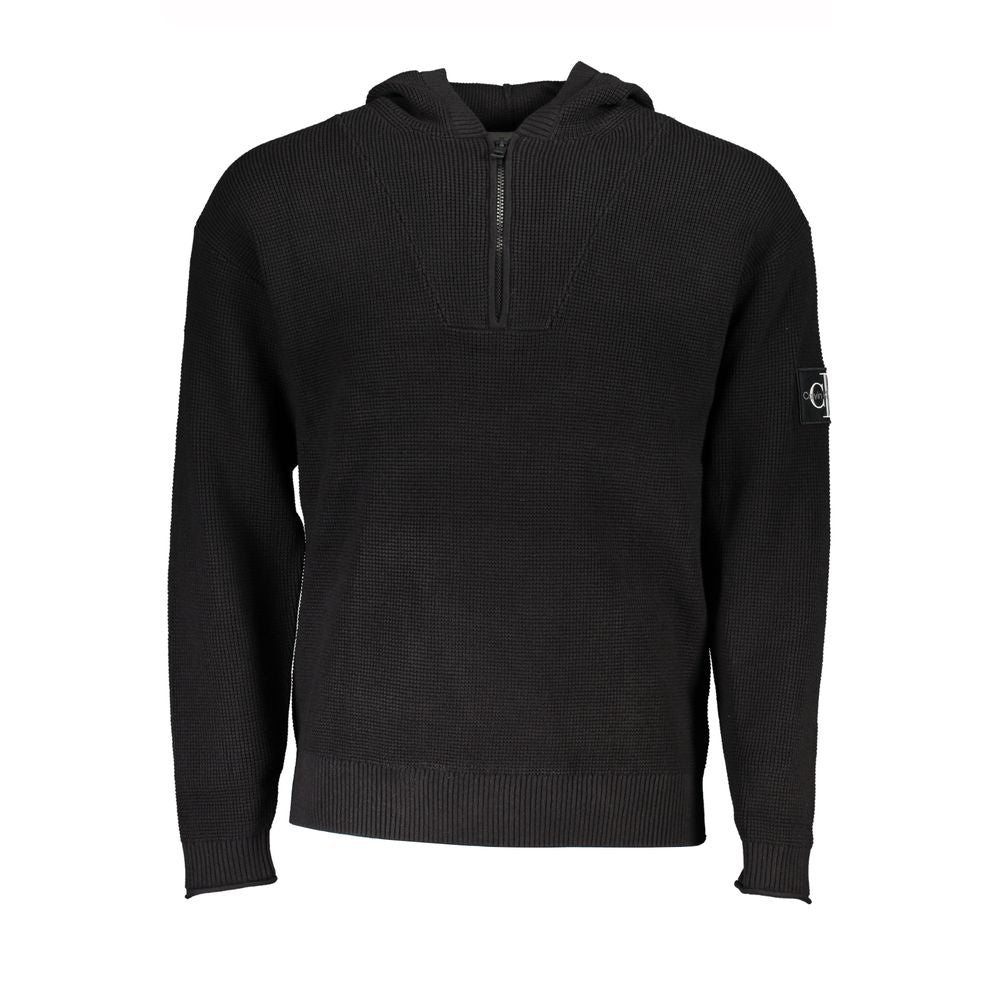 Black Cotton Men's Sweater Hooded Half Zip