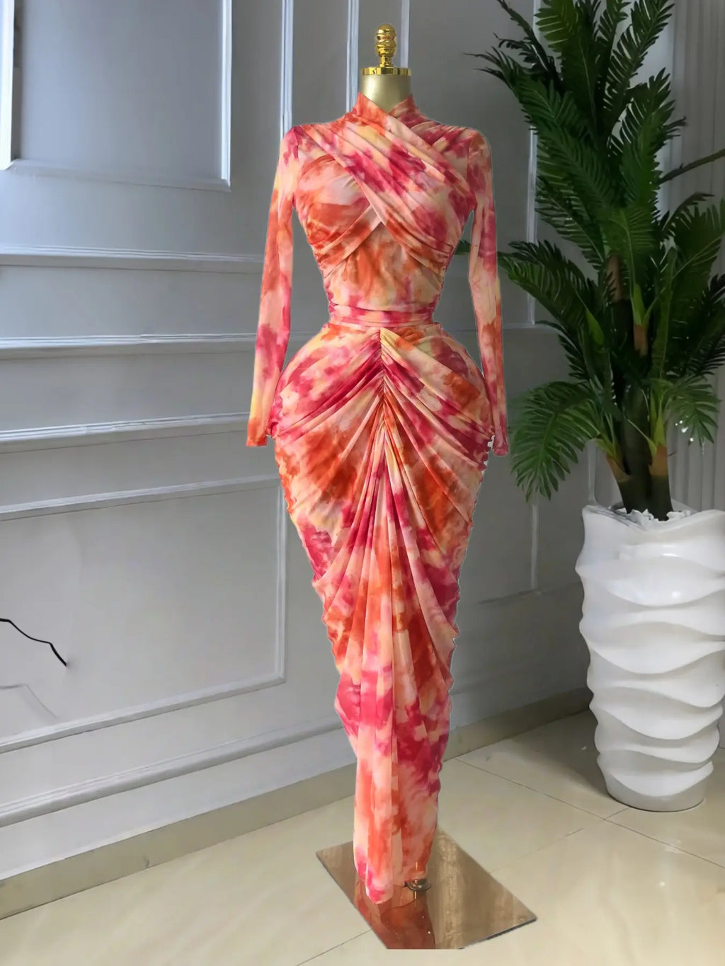 PULKRITU Elegant Women'S Tie Dye Printed Two Piece Set Outfits, Wrap Long Sleeve Crop Top + Ruched Maxi Skirt , Casual Beach Resort Birthday, Vacation Street Lady Two-Piece Set,Female Fashion 2 Piece Co-Ord Set, Casual Chic Set