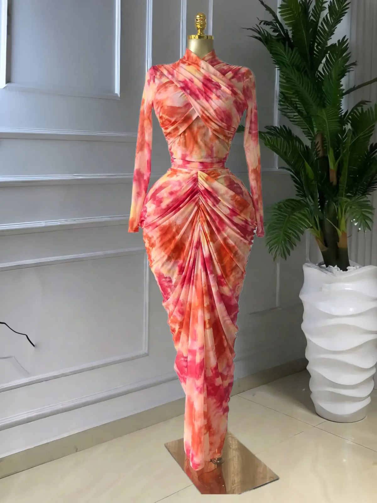 PULKRITU Elegant Women'S Tie Dye Printed Two Piece Set Outfits, Wrap Long Sleeve Crop Top + Ruched Maxi Skirt , Casual Beach Resort Birthday, Vacation Street Lady Two-Piece Set,Female Fashion 2 Piece Co-Ord Set, Casual Chic Set